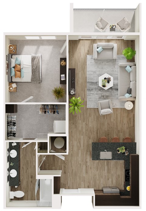 Floor plan for 1 bed, 1 bath, 783 sqft